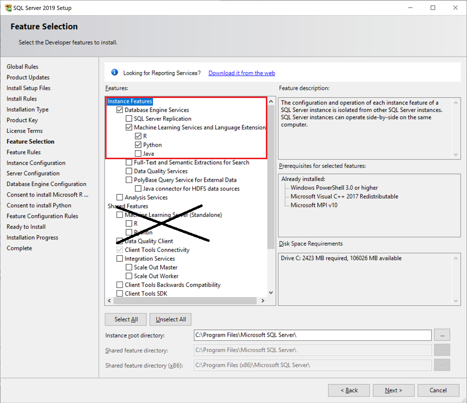 Afbeelding van SQL Server Machine Learning tools.