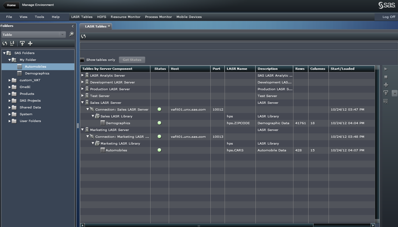 Afbeelding van SAS LASR Analytic Server tools.