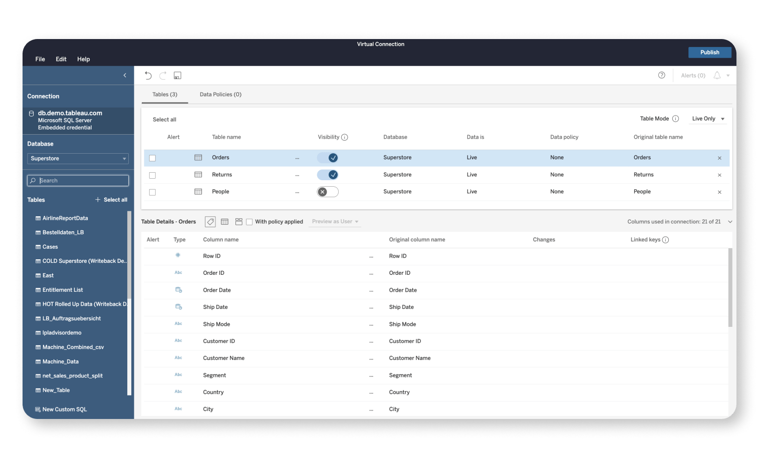 Screenshot van Tableau Data Management software.